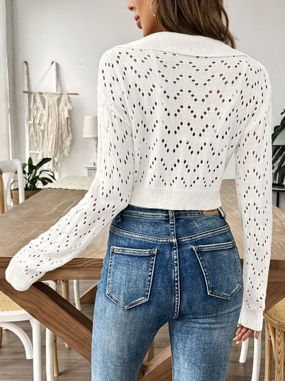 Openwork Collared Neck Long Sleeve Knit Top - -