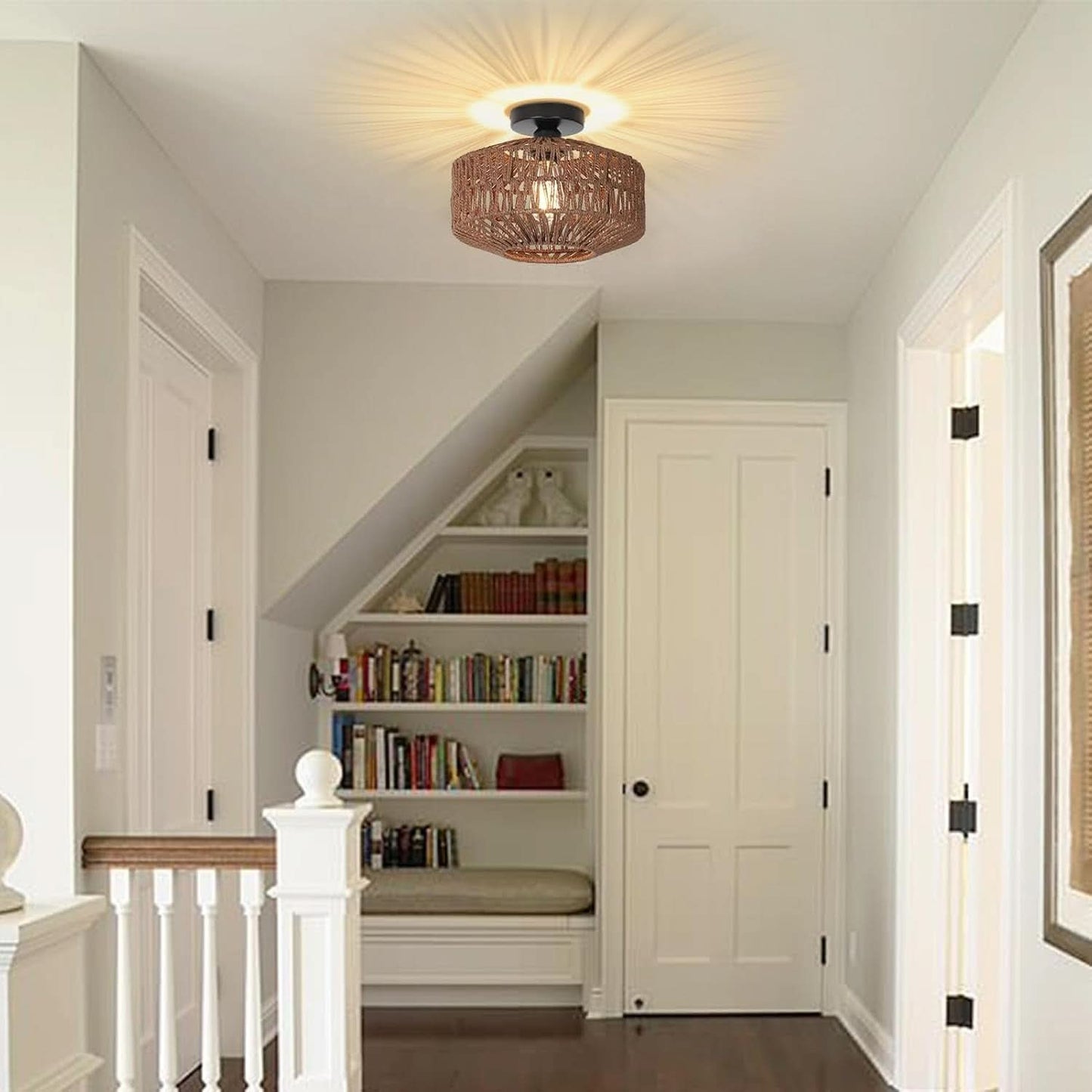 Dark Brown Hand Woven Rattan Ceiling Light With Dimmable LED - -