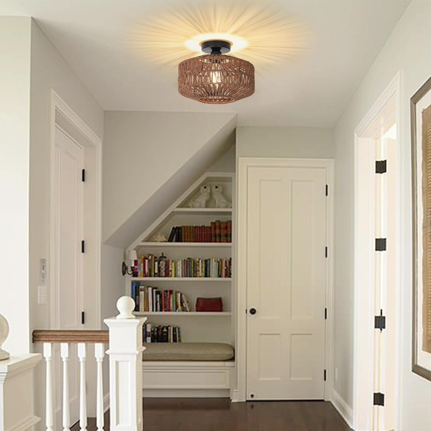 Dark Brown Hand Woven Rattan Ceiling Light With Dimmable LED - -