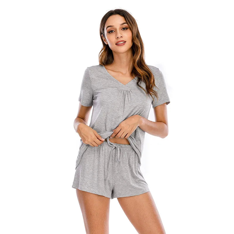 Women's Modal Fabric V-Neck Pajama Set Short Sleeve Sleepwear Nightwear PJs