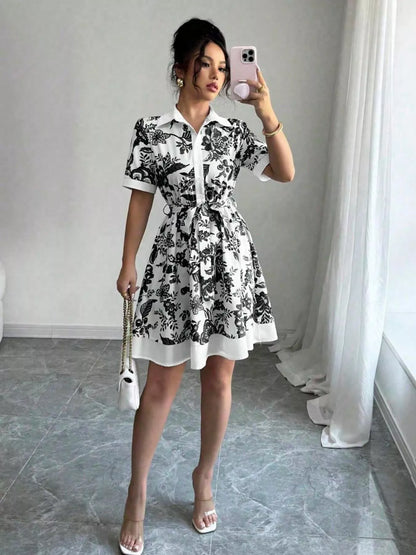 Floral Print Button-Front Shirt Dress - Black -