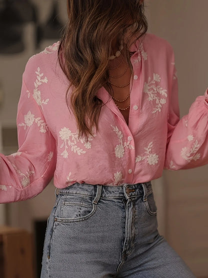 Flower Button Up Long Sleeve Shirt - -