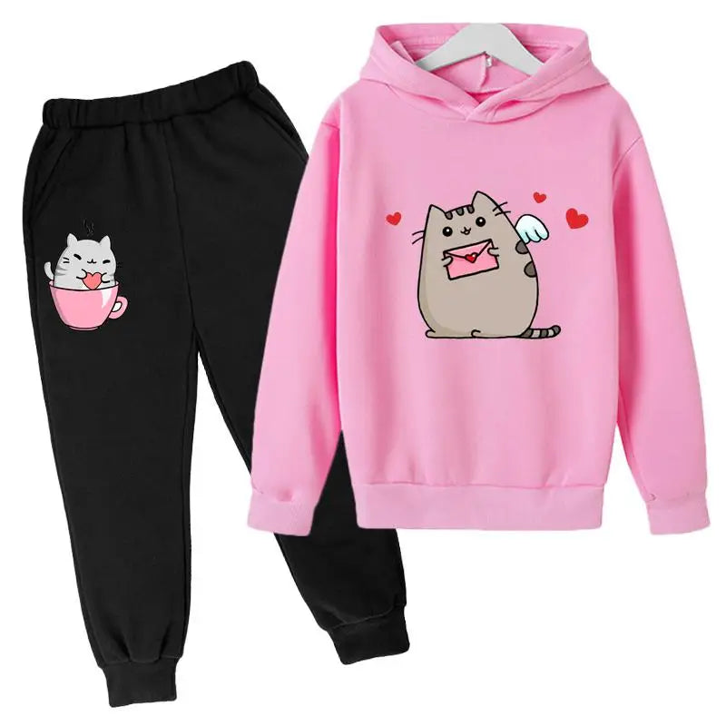 Cat Print Hoodie Clothing Sets pink black