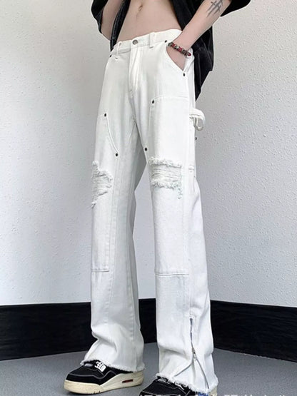 Men's Distressed Raw Hem Wide Leg Jeans - White -