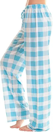 Women Solid Color Buffalo Plaid Pajama Pants Sleepwear With Pockets