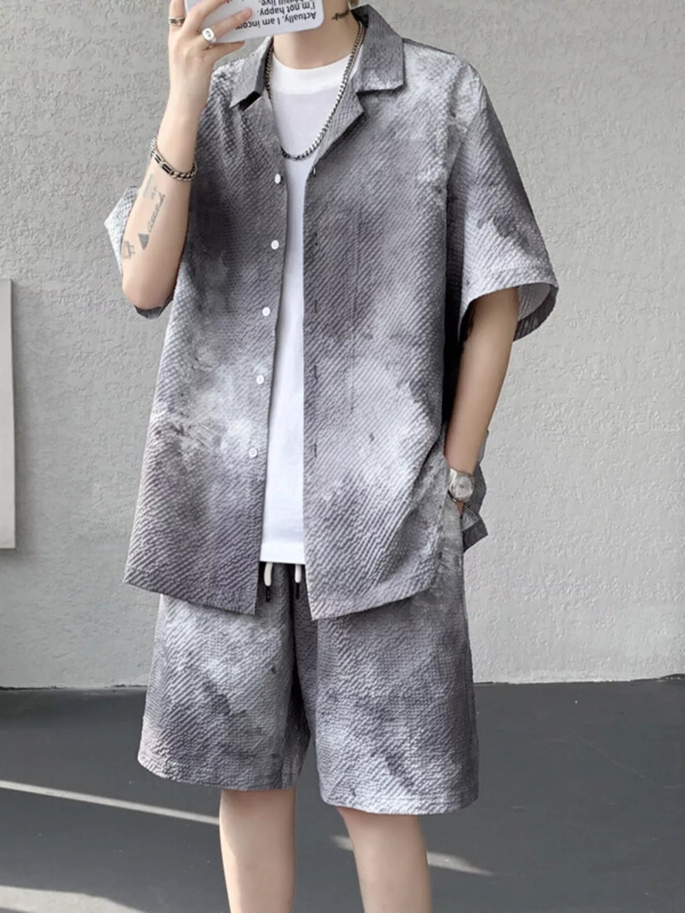 Men's Plus Size Tie-Dye Print Shirt and Shorts Set - Gray -