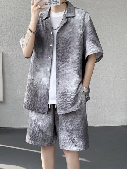 Men's Plus Size Tie-Dye Print Shirt and Shorts Set - Gray -
