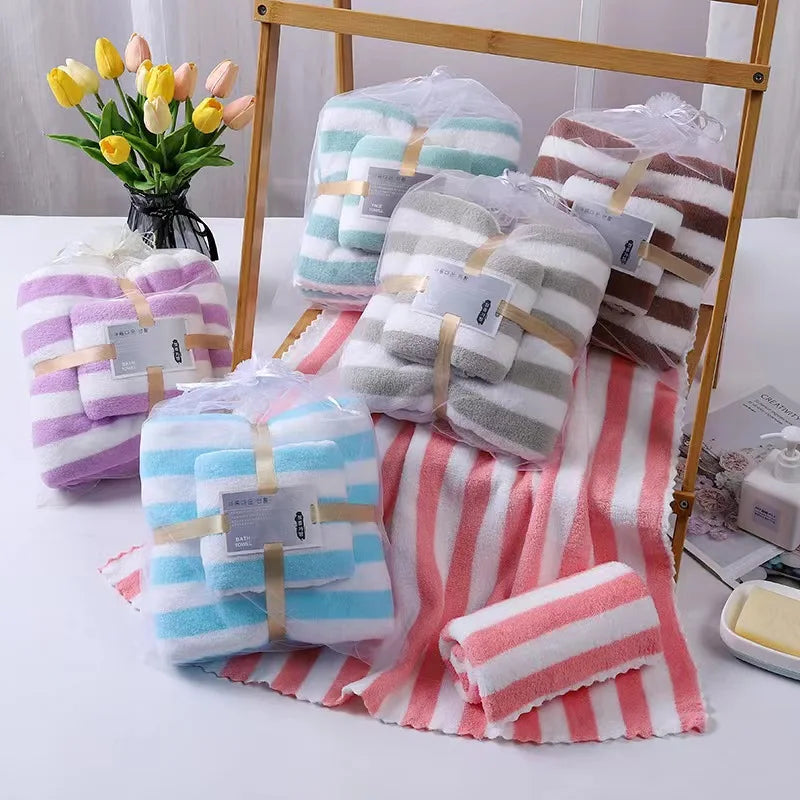 High-Density Padded Knitted Fleece Towel Set Soft Absorbent Candy Strip Pattern