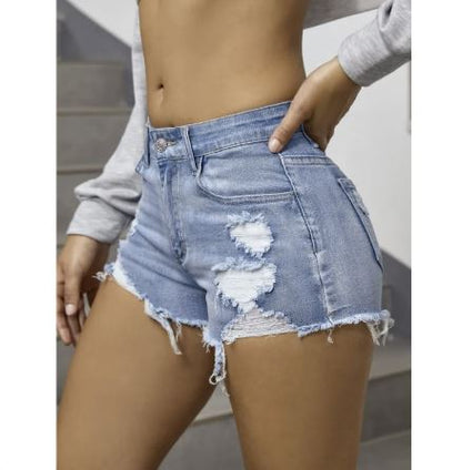Womens Stretch Worn Washed Shorts - (Blue) (S) - shorts