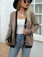 Contrast Trim Button Up Long Sleeve Cardigan - Taupe One Size -