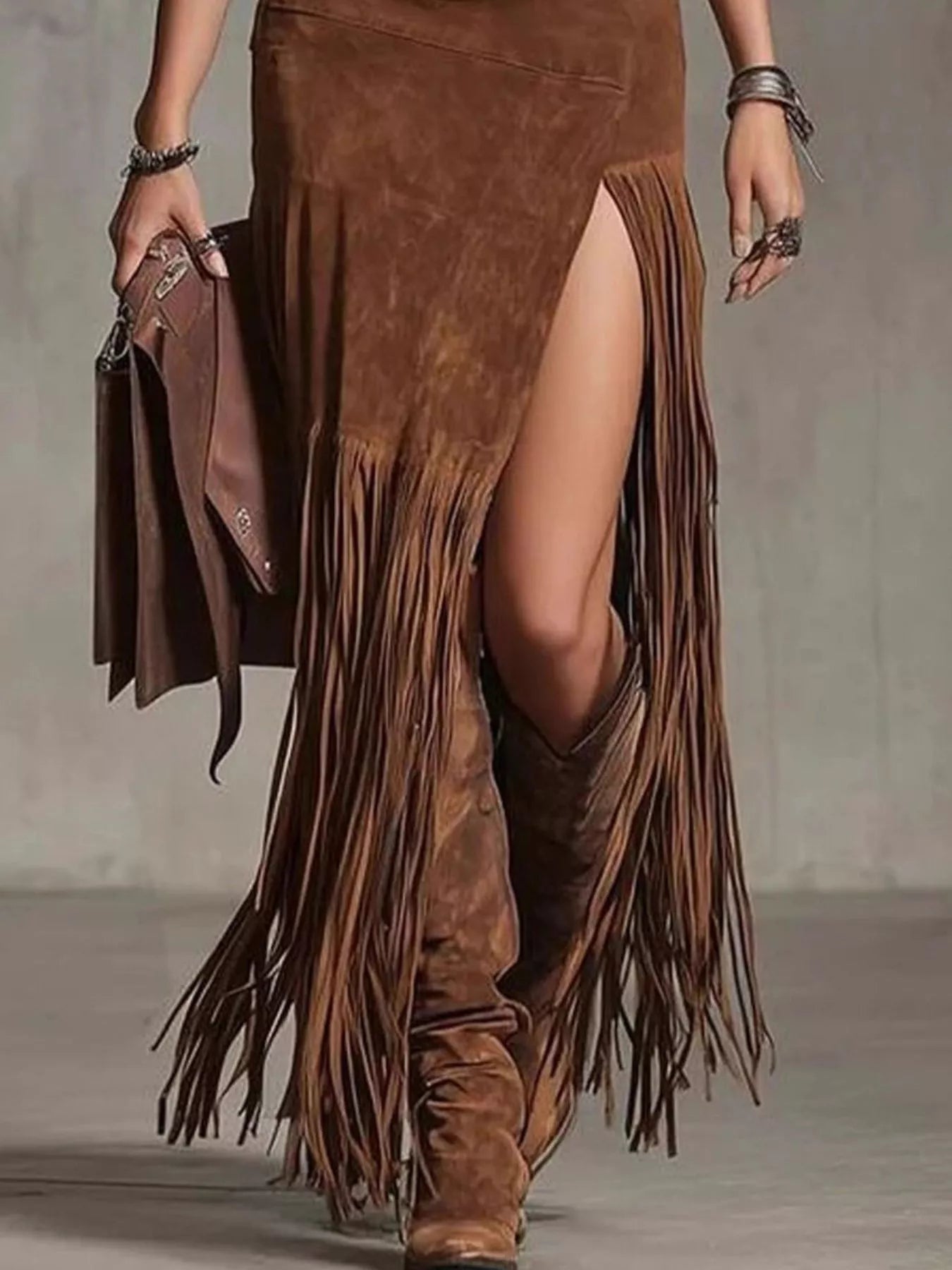 Denim Patchwork Fringe Maxi Skirt - -