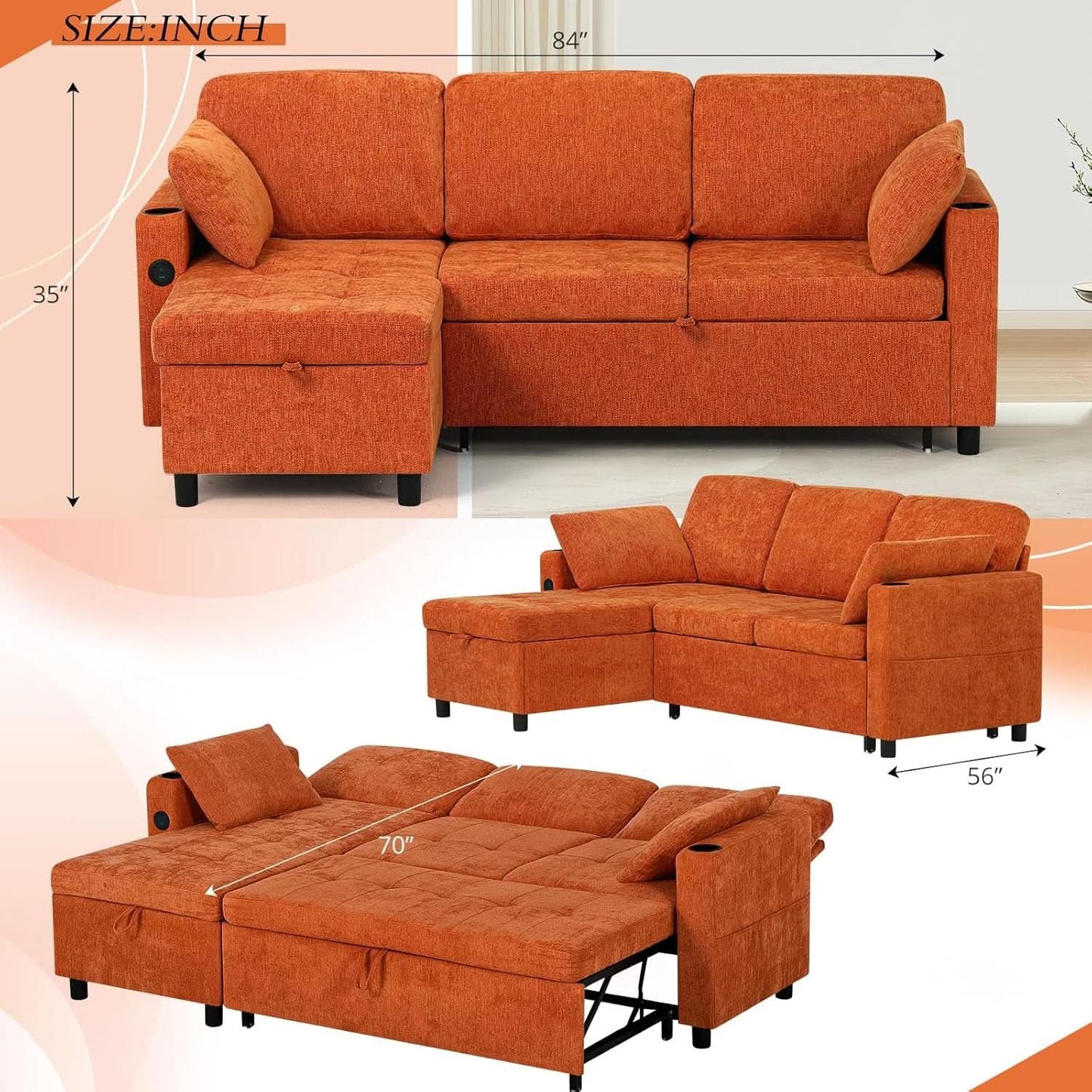 84Inches BrightOrange Chenille Pullout Sofa Bed USBPort- ShipItFurniture- {{Product type}}