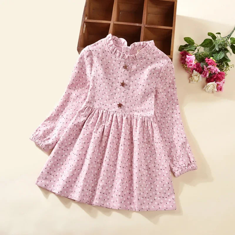 Girls Flower Cotton Long Sleeve Casual Dress Pink