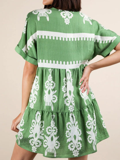 Printed V-Neck Short Sleeve Mini Dress - -