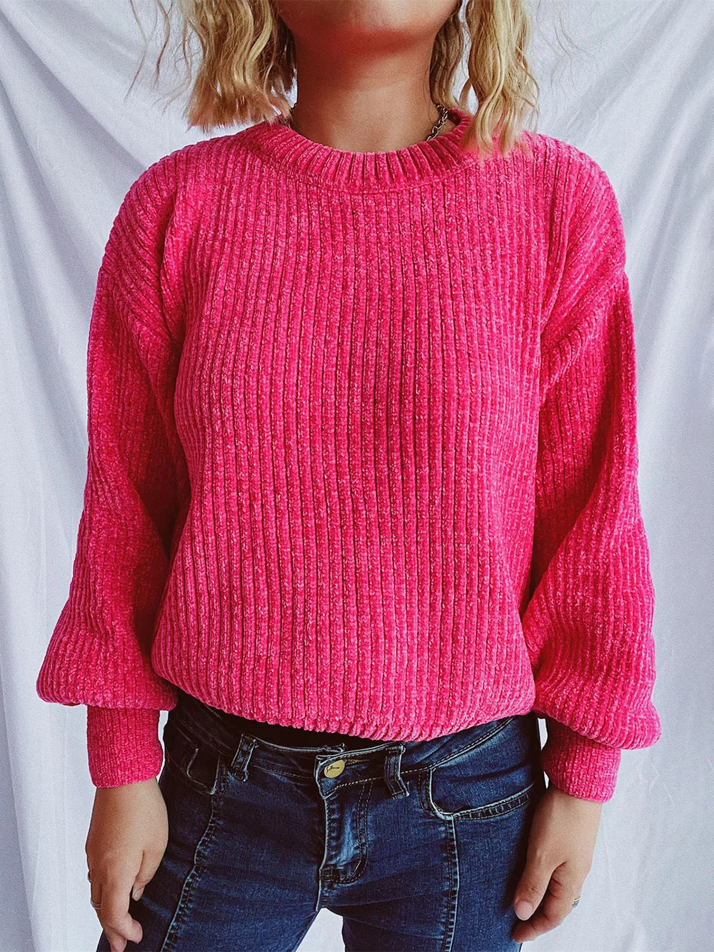 Round Neck Dropped Shoulder Long Sleeve Sweater - Strawberry One Size -