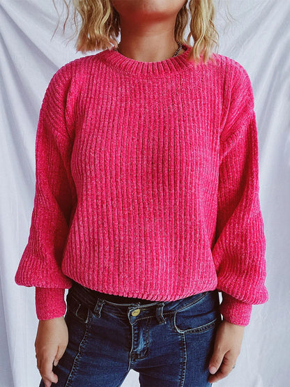 Round Neck Dropped Shoulder Long Sleeve Sweater - Strawberry One Size -