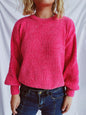 Round Neck Dropped Shoulder Long Sleeve Sweater - Strawberry One Size -