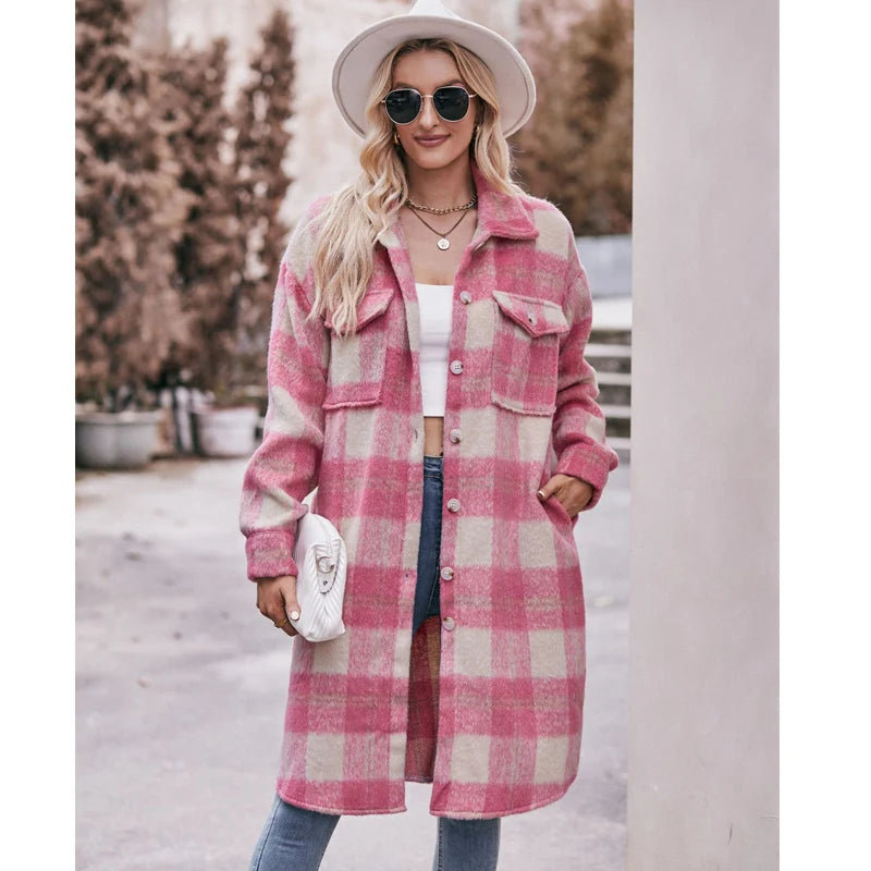 Long Jacket Women's New Pocket Plaid Long Coat Loose Mohair Long Plaid Coat Pink