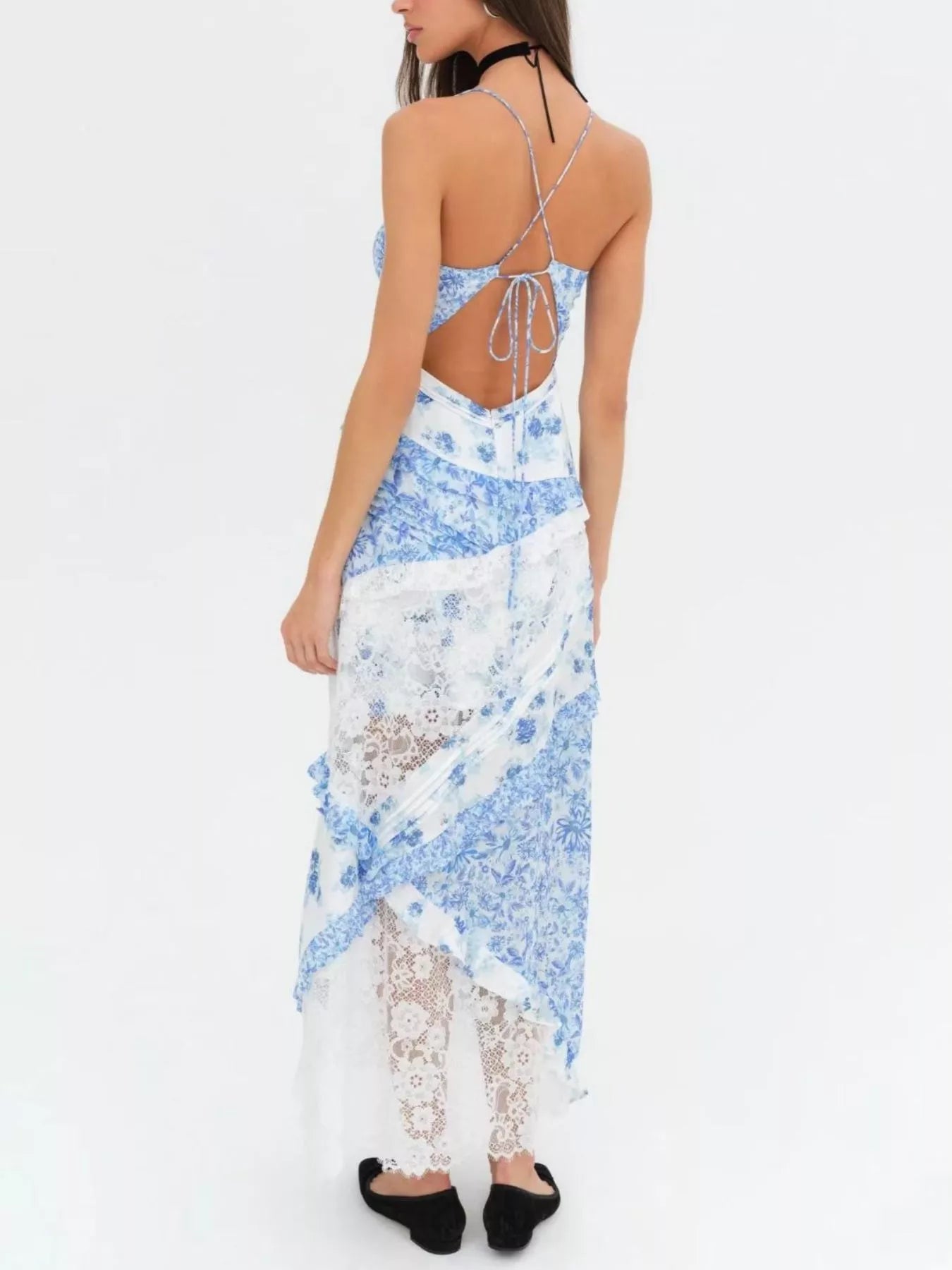 Lace Floral Print Ruffle Trim Maxi Dress - -