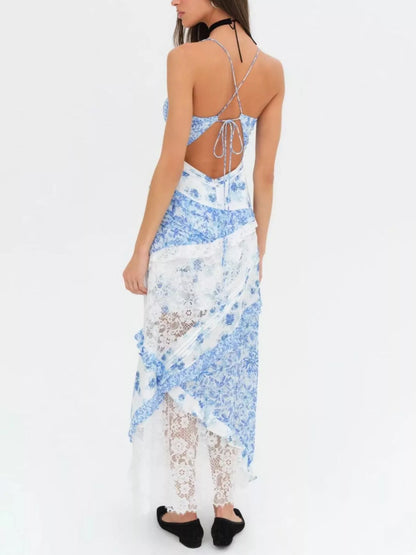 Lace Floral Print Ruffle Trim Maxi Dress - -