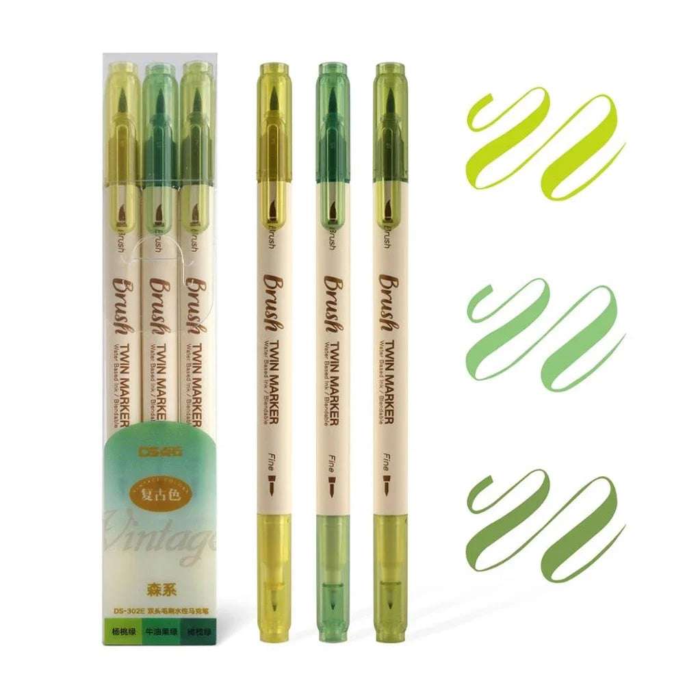 3Pcs Twin Marker Pens Fine Liner Water Based Ink Blendable Watercolor green