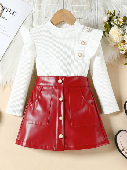 Children's Ruffled Trim Ribbed Top & Faux Leather Skirt Set - Red -