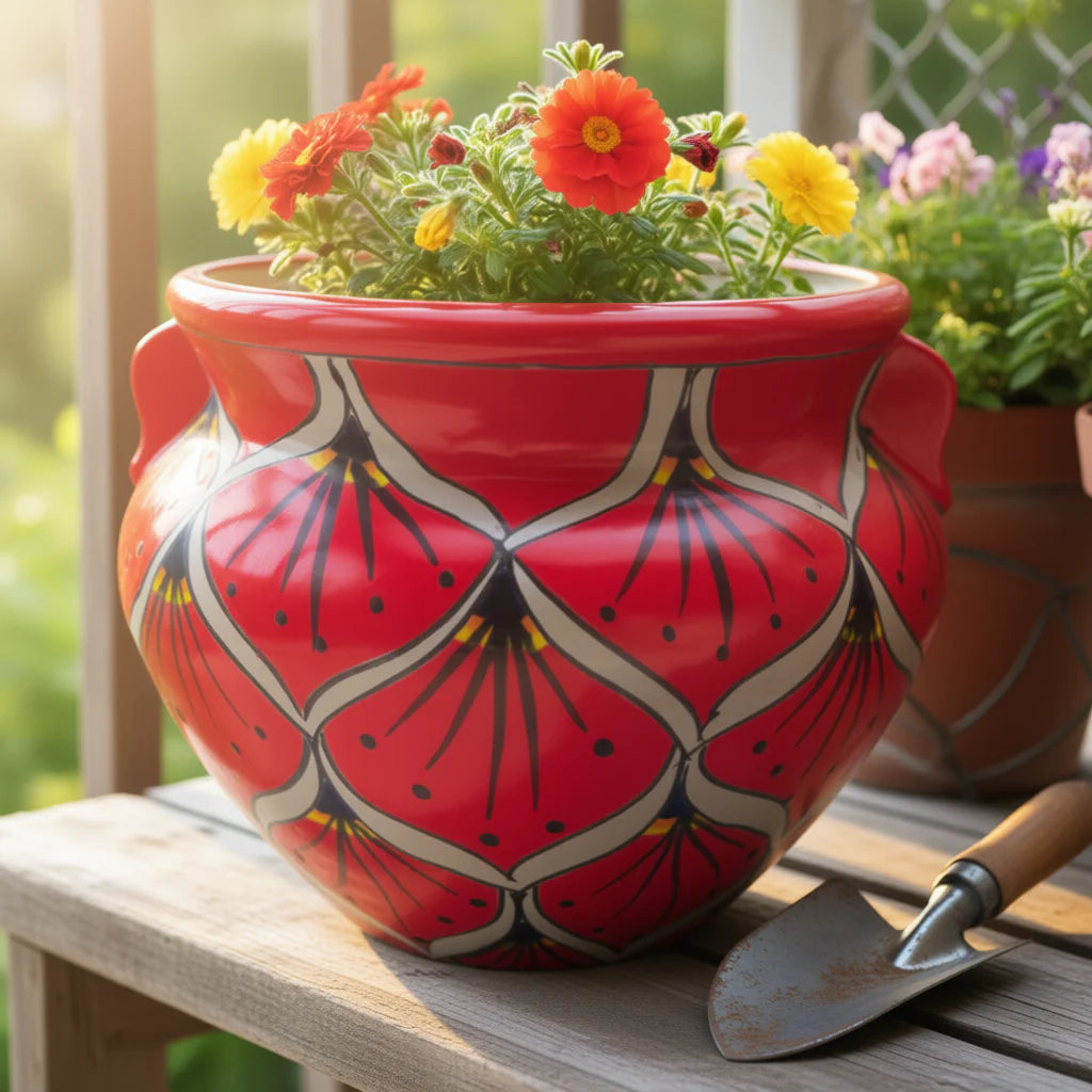 Red Peacock Talavera Planter Hand-Painted Mexican Pot - - Talavera Flower Pot