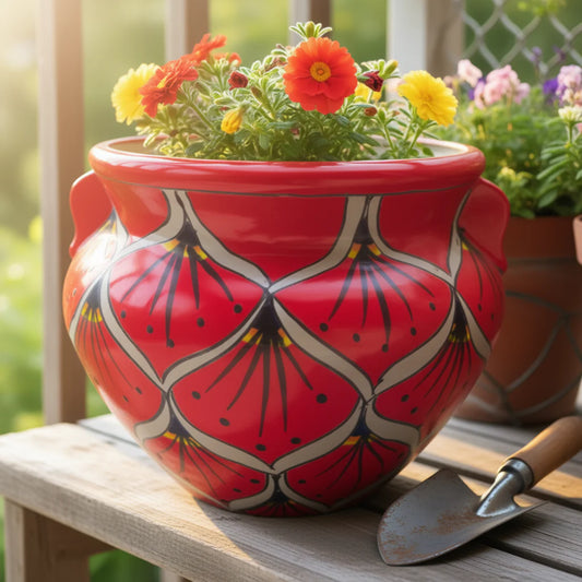 Red Peacock Talavera Planter Hand-Painted Mexican Pot - - Talavera Flower Pot
