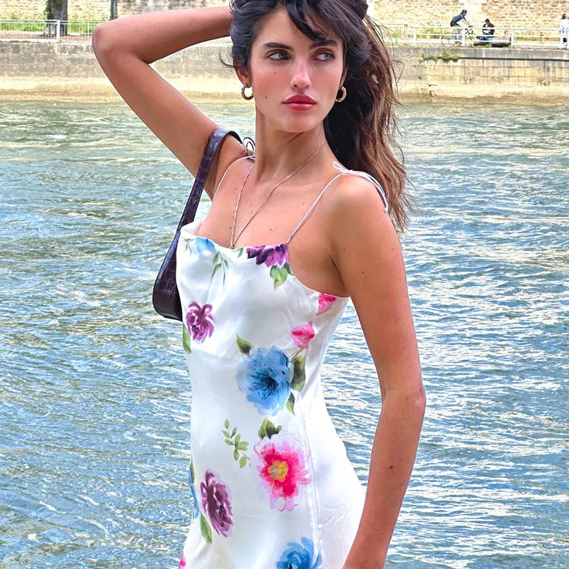 Summer Flower Print Strap Long Dress Women