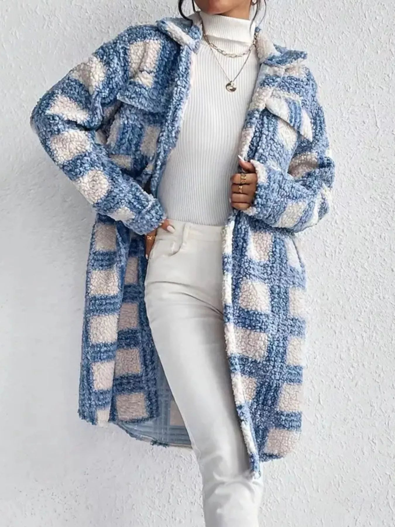 Plaid Button Up Long Sleeve Fleece Coat - -