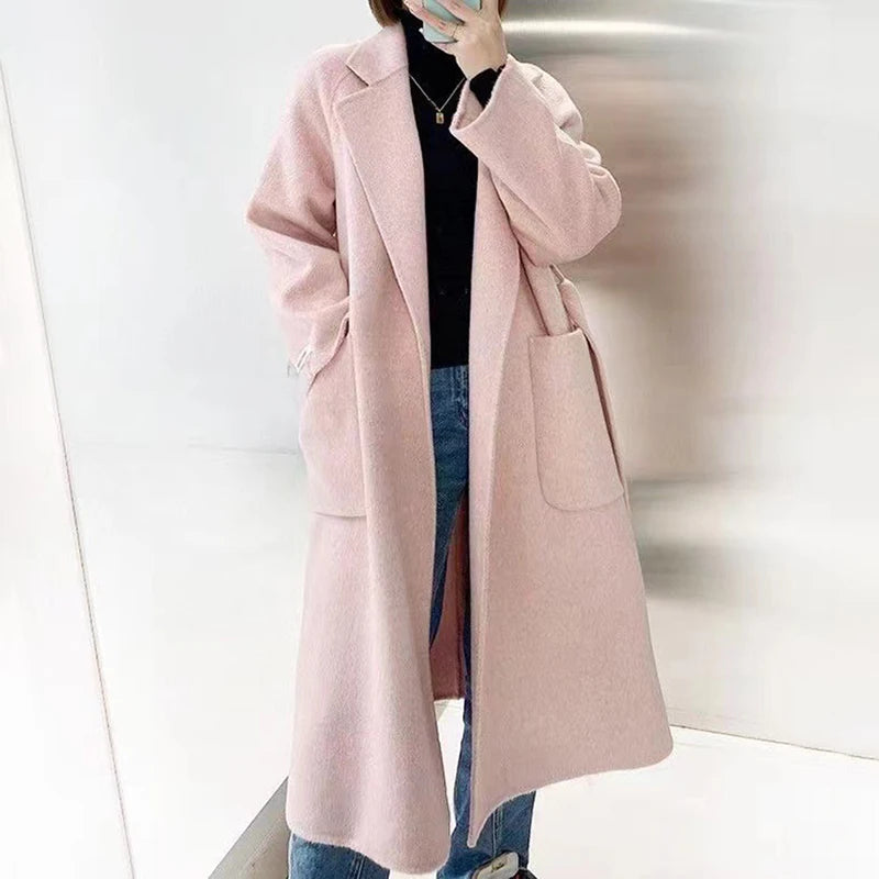 Big Turn Down Collar Cashmere Coat Ladies Pure Color Wool Coat Women Winter Coat