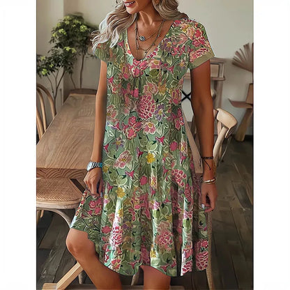 Leisure Style V-Neck Loose Digital Printed Short Sleeved Long  Knee Dress