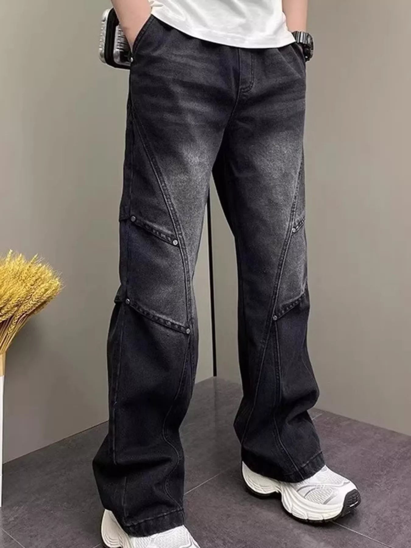 Men's Full Size Vintage Wash Wide Leg Jeans Plus Size - -