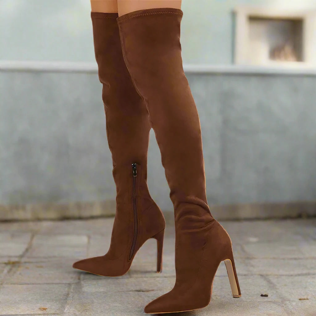 Pointed Toe Thin Block Heel Knee High Long Boot Faux Suede