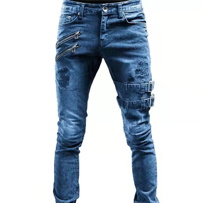 Custom Fit Distressed Moto Jeans - Dark Blue 2XL - jeans