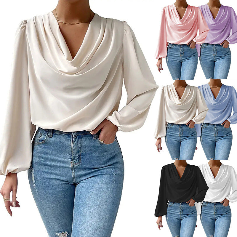 Chiffon Long Sleeve Shirt Loose v -Neck Top