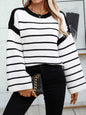 Striped Round Neck Long Sleeve Sweater - Black -