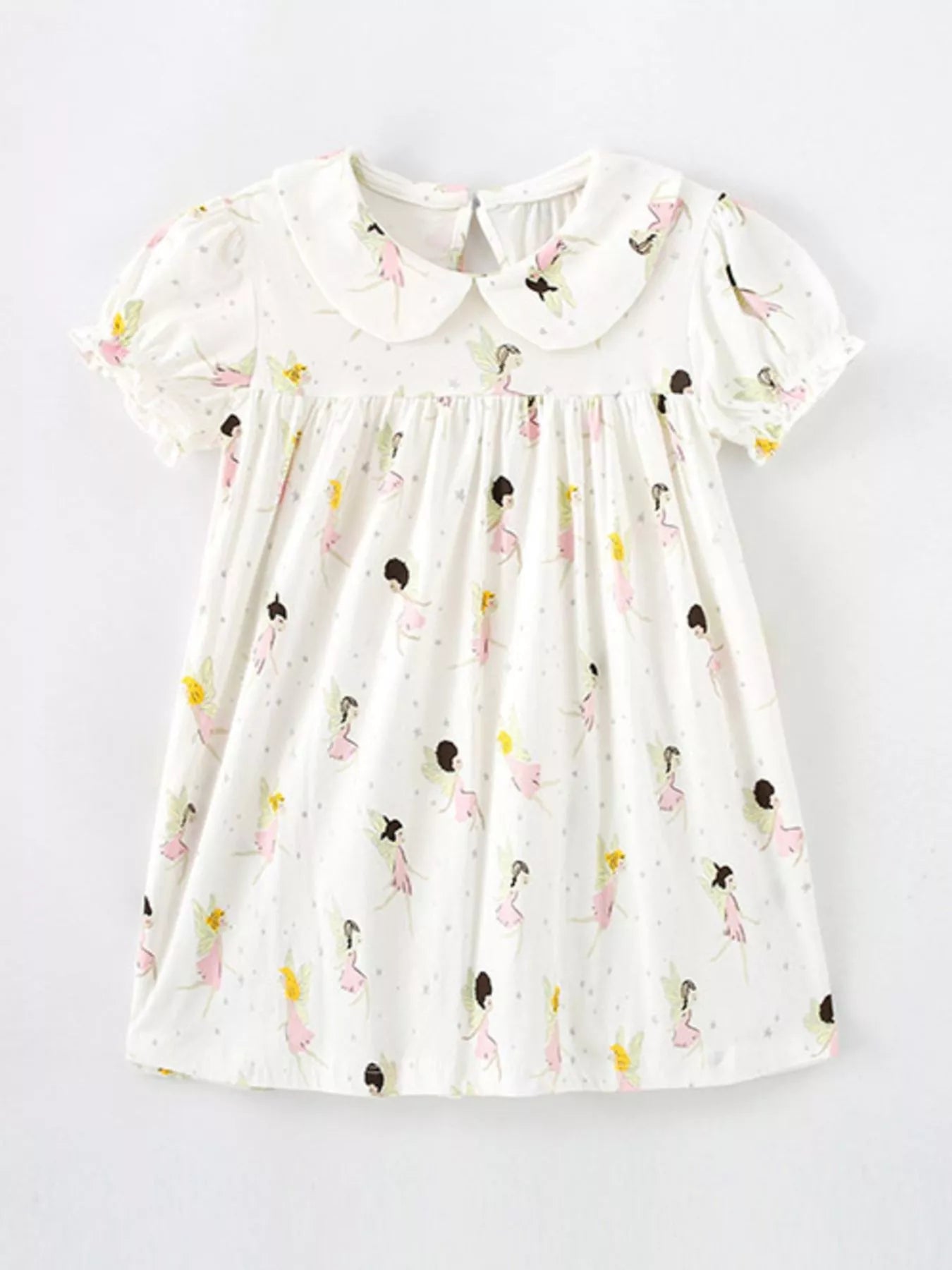 Children's Fairy Print Peter Pan Collar Puff Sleeve Dress - Beige -