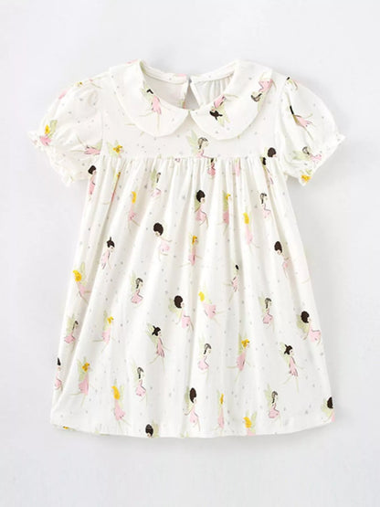 Children's Fairy Print Peter Pan Collar Puff Sleeve Dress - Beige -