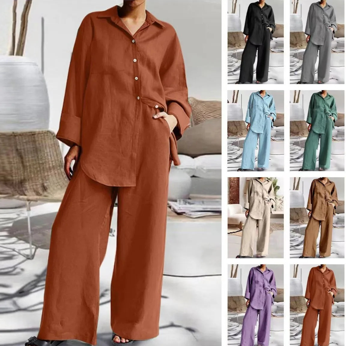 Long Sleeve Cotton Linen Shirt and Loose Pants Two Piece Set Loungewear Set