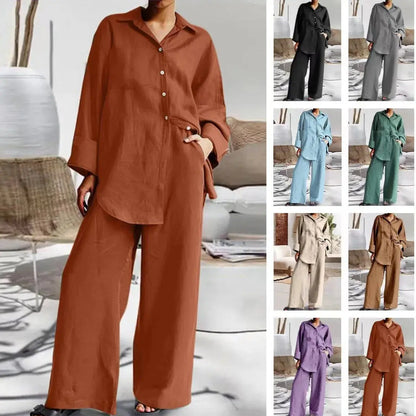 Long Sleeve Cotton Linen Shirt and Loose Pants Two Piece Set Loungewear Set