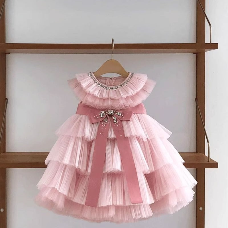 Girls Pink Tulle Tutu Dress with Bow - Bean Pink 150cm - baby dress