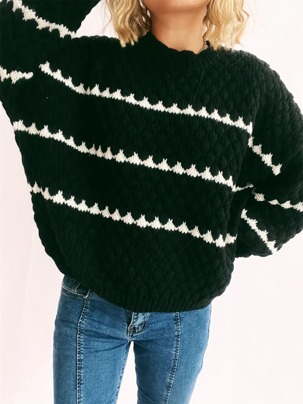 Contrast Stripes Round Neck Long Sleeve Sweater - Black -