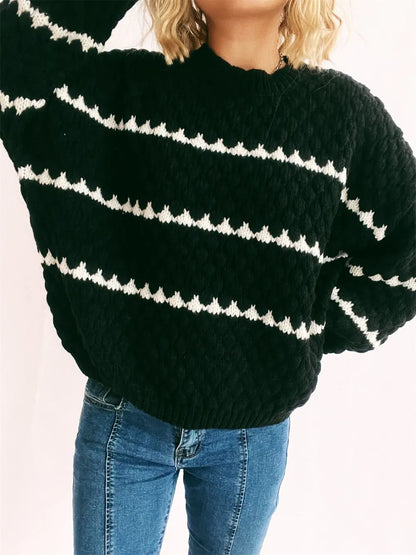 Contrast Stripes Round Neck Long Sleeve Sweater - Black -