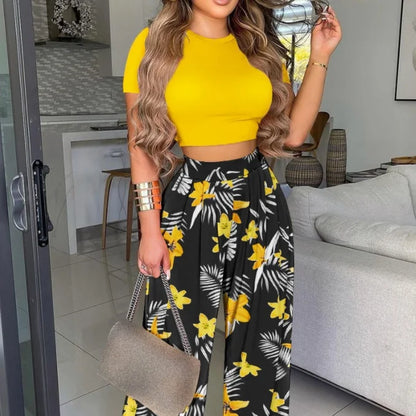 Summer O-Neck Short Sleeve Wide Leg Pants Set yellow black