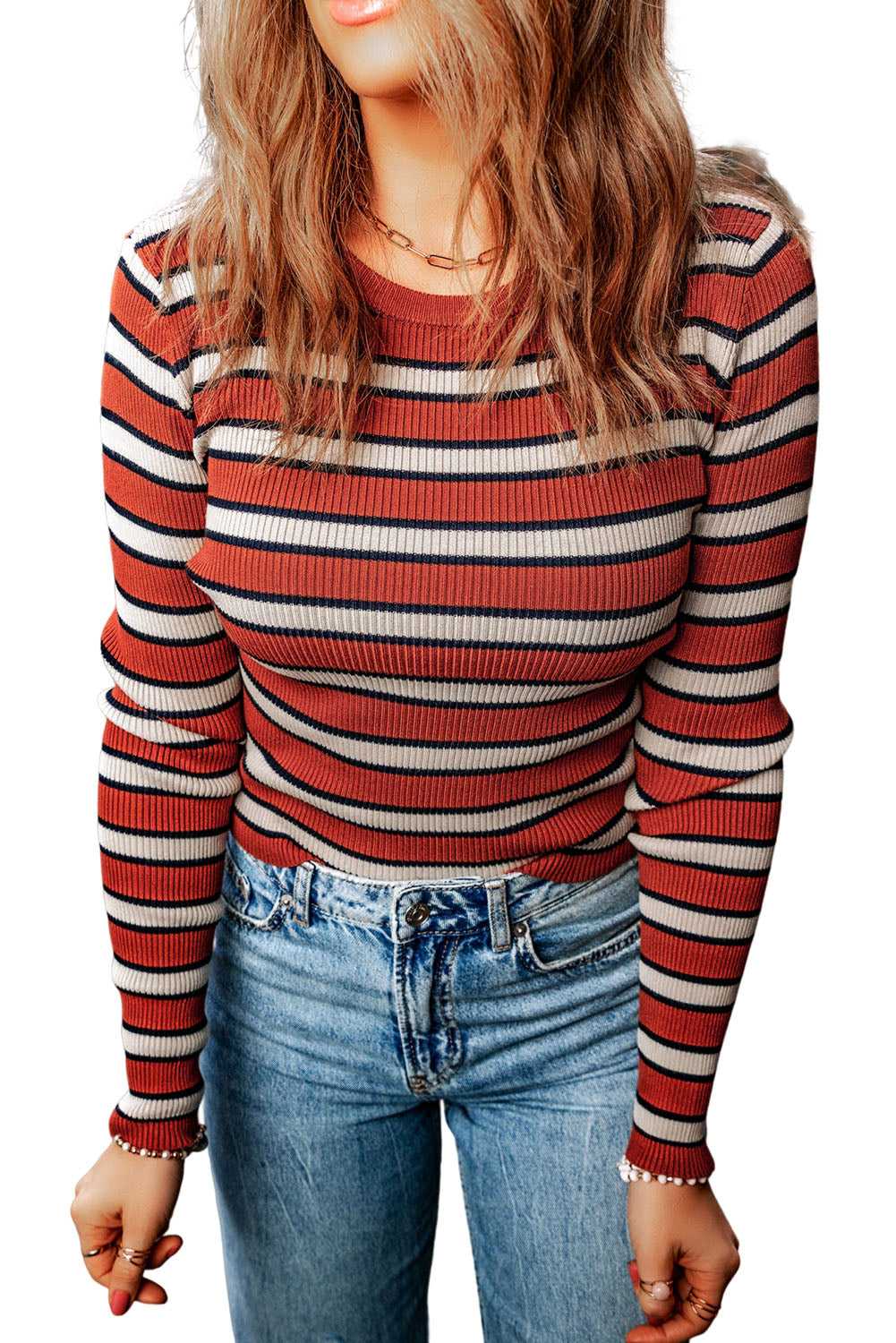 Striped Round Neck Long Sleeve Top - -