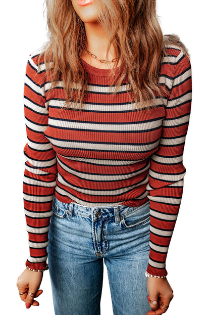 Striped Round Neck Long Sleeve Top - -