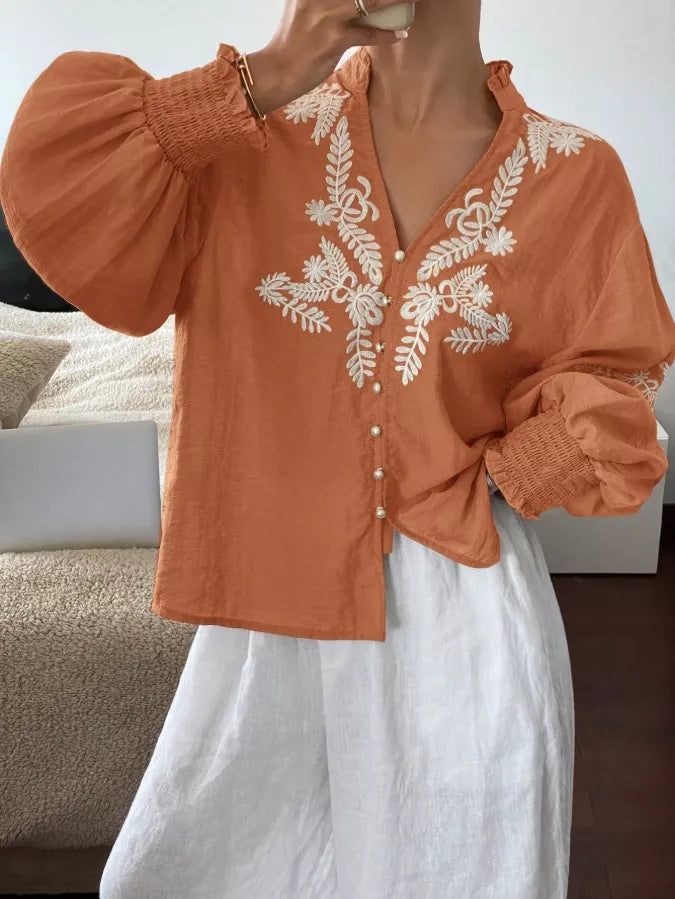 Embroidered Notched Long Sleeve Blouse - -