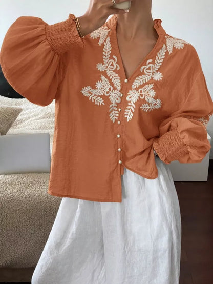 Embroidered Notched Long Sleeve Blouse - -