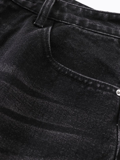 Men's Distressed Denim Shorts with Plaid Patches - -